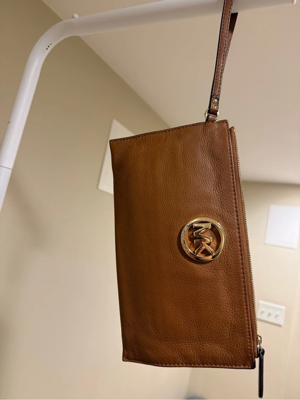 Michael Kors Cognac Leather Wristlet with Gold MK Emblem